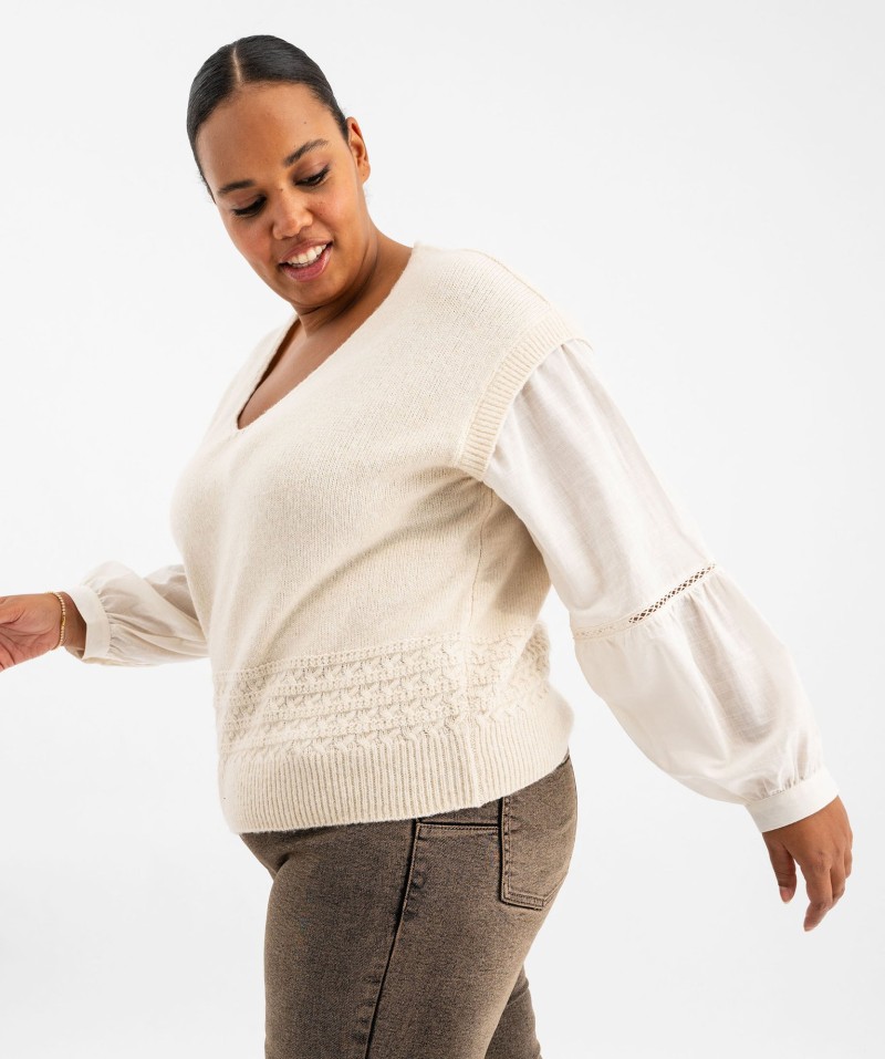 Pull col V à manches blouse effet 2-en-1 femme grande taille